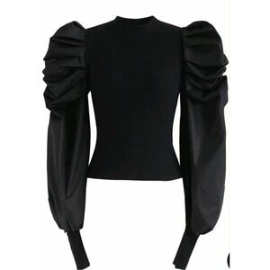 HYFVE Black Ribbed Knit Mock Neck Top with‎ Dramatic Puff Balloon Sleeve top